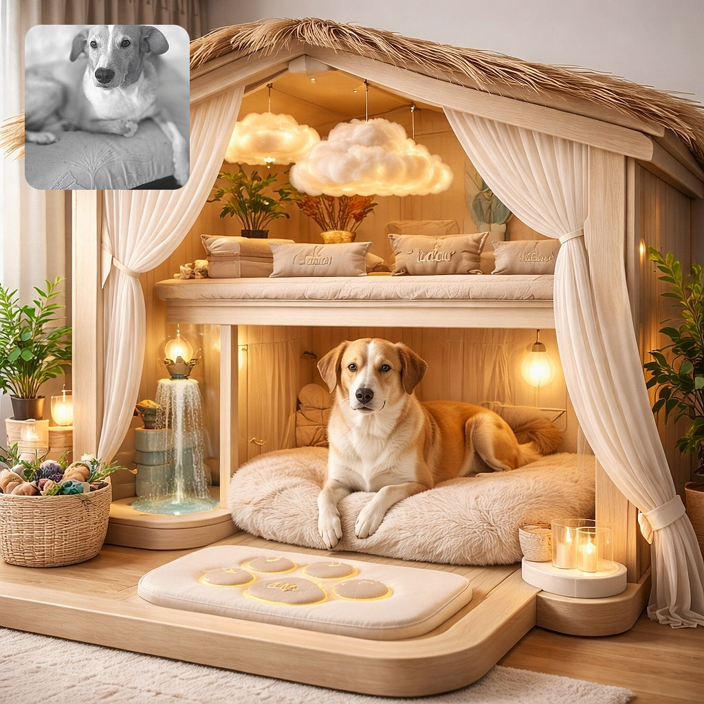 A calm dog lounges comfortably on a patterned couch, looking attentively at the camera with a soft-focus background that enhances the cozy home vibe.