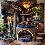 A curious brown cat with striking yellow eyes is lying on a blue blanket, looking intently at the camera with a slightly tilted head, surrounded by a cozy indoor setting.