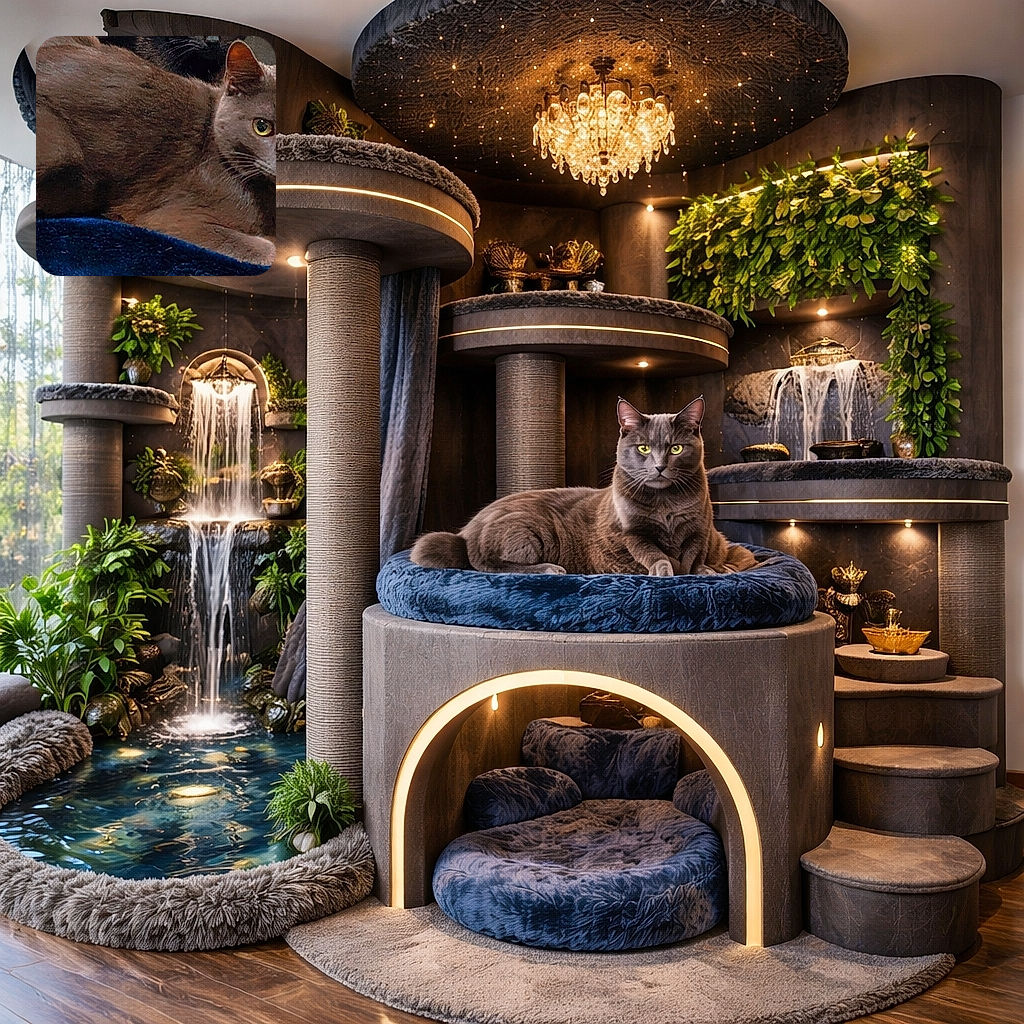 A curious brown cat with striking yellow eyes is lying on a blue blanket, looking intently at the camera with a slightly tilted head, surrounded by a cozy indoor setting.