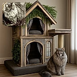 A fluffy gray cat with intense eyes looks like it's plotting world domination while casually pawing at a stick, surrounded by a rustic wooden plank and some greenery.
