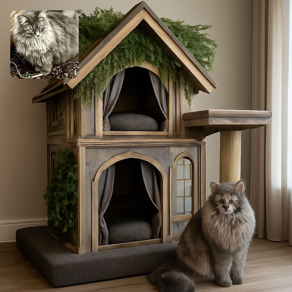 A fluffy gray cat with intense eyes looks like it's plotting world domination while casually pawing at a stick, surrounded by a rustic wooden plank and some greenery.