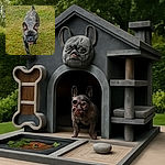 A brindle French Bulldog happily trots on a grassy lawn, tongue slightly out, ears perked up and full of energy, ready for some playful fun.