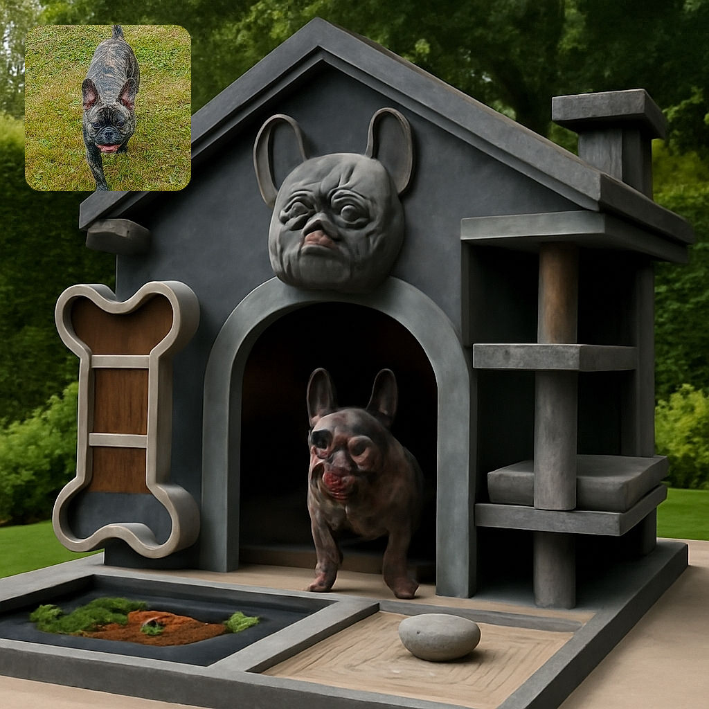 A brindle French Bulldog happily trots on a grassy lawn, tongue slightly out, ears perked up and full of energy, ready for some playful fun.