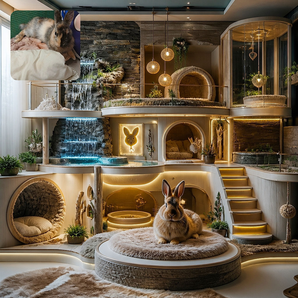 A fluffy little rabbit lounges like royalty on a pile of blankets, giving the camera an adorably serious stare while its ears stand tall as built-in satellite dishes.