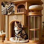 A curious tabby cat wearing a colorful vest sits attentively next to a white laundry basket, surrounded by cozy household items and a wooden drawer adorned with stickers in the background.