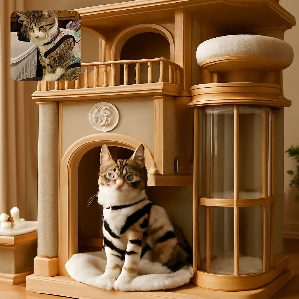 A curious tabby cat wearing a colorful vest sits attentively next to a white laundry basket, surrounded by cozy household items and a wooden drawer adorned with stickers in the background.