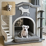 A cute little puppy with a white and black coat looks up adorably on a tiled floor, its tail curled up and ears flopped down, ready to melt hearts with those big, innocent eyes.