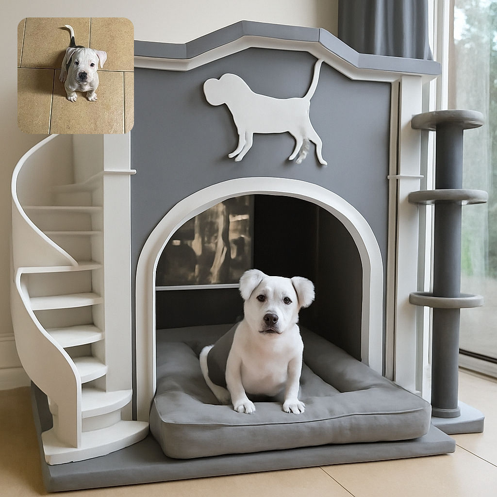 A cute little puppy with a white and black coat looks up adorably on a tiled floor, its tail curled up and ears flopped down, ready to melt hearts with those big, innocent eyes.