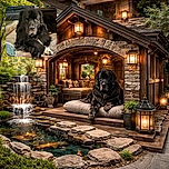 A majestic black dog lounges comfortably on a cozy bed, crossing its paws like a dignified canine aristocrat. The background shows a homey living room with a couch, lamp, and plants, adding to the relaxed vibe.