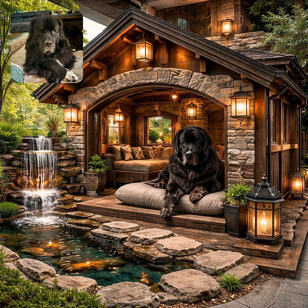 A majestic black dog lounges comfortably on a cozy bed, crossing its paws like a dignified canine aristocrat. The background shows a homey living room with a couch, lamp, and plants, adding to the relaxed vibe.