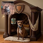 A charming dog with soulful eyes sits attentively on a wooden floor, looking up with a mix of curiosity and loyalty, framed by a cozy indoor setting with a couch and a teal piece of furniture nearby.