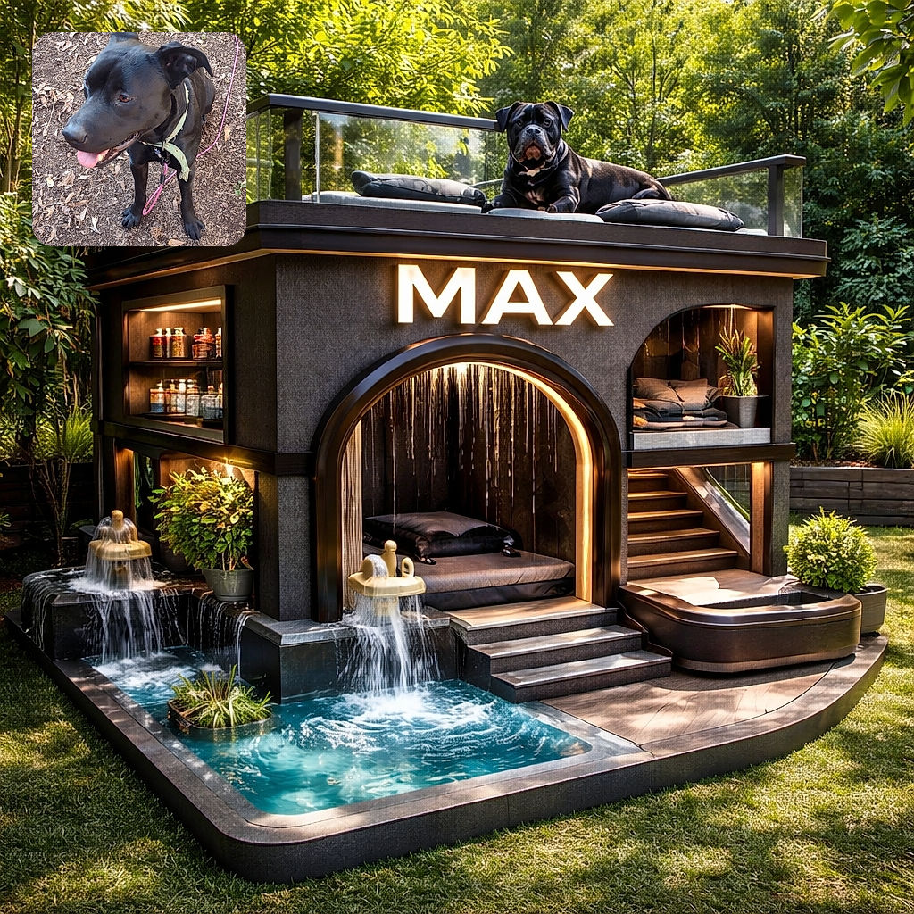 A happy black dog with a green collar and pink leash sits attentively on a leafy ground, tongue out as if ready for a walk or some fun, with a shoe visible at the bottom edge suggesting a friendly human nearby.