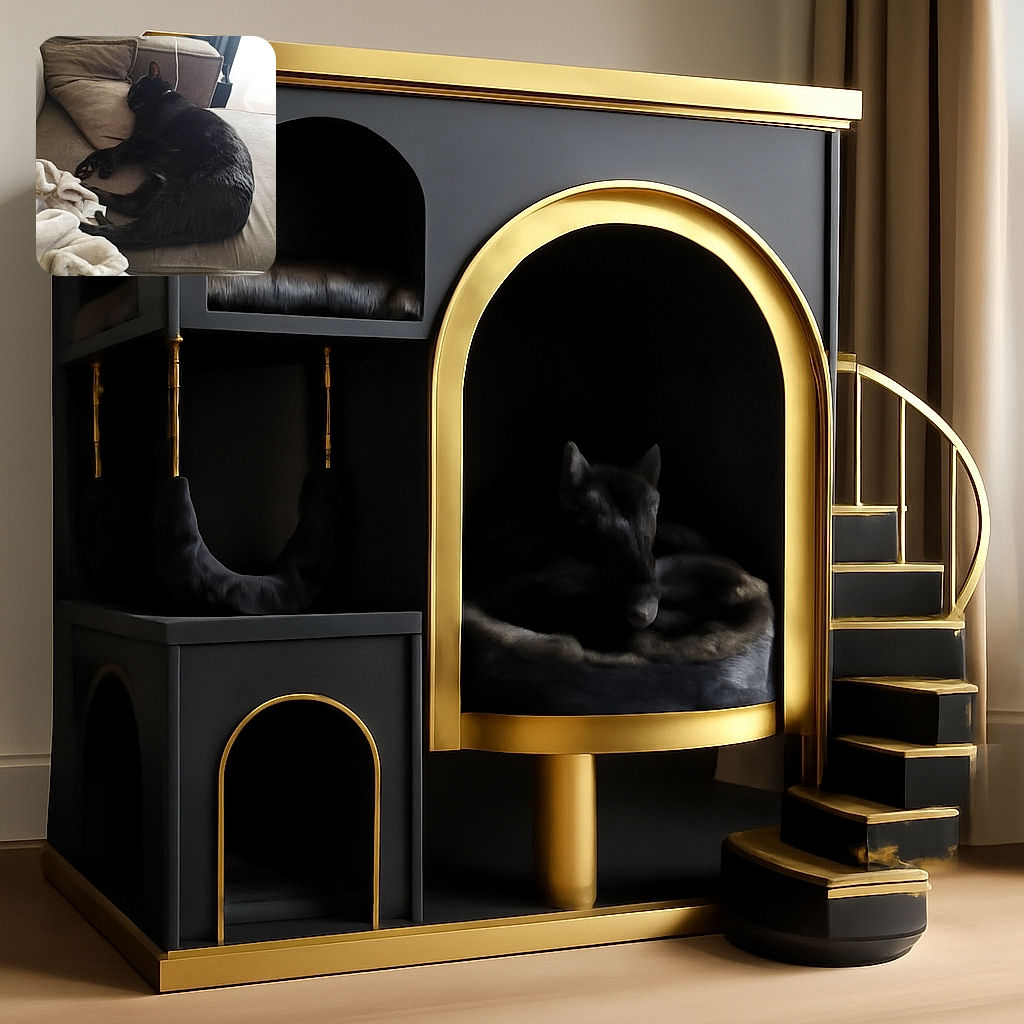 A cozy black cat is peacefully napping on a soft beige couch, curled up against a matching pillow with a fluffy blanket nearby, basking in the gentle indoor light filtering through a curtained window.