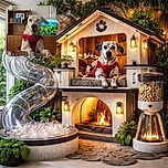 A spotted dog in a red harness leans over the chair like a very polite game-show host — an owl statue stares from the top shelf, a framed selfie photobombs from a bookshelf, and the TV behind them is showing a lush jungle backdrop. The whole scene screams 'I run this household.'