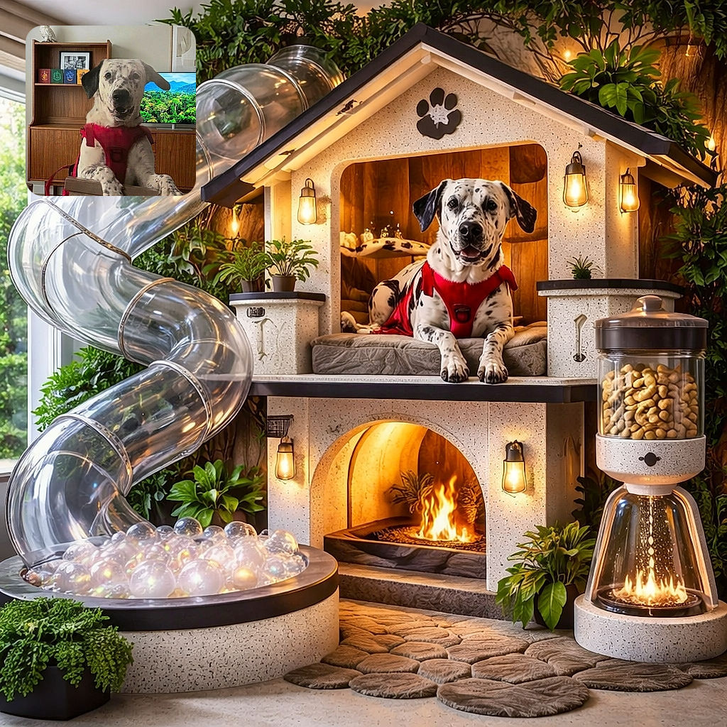 A spotted dog in a red harness leans over the chair like a very polite game-show host — an owl statue stares from the top shelf, a framed selfie photobombs from a bookshelf, and the TV behind them is showing a lush jungle backdrop. The whole scene screams 'I run this household.'