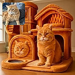 A fluffy orange tabby cat lounges comfortably on a bed with rumpled gray and blue sheets, looking off to the side with a slightly grumpy but adorable expression, as if contemplating the mysteries of the universe or just demanding snacks.