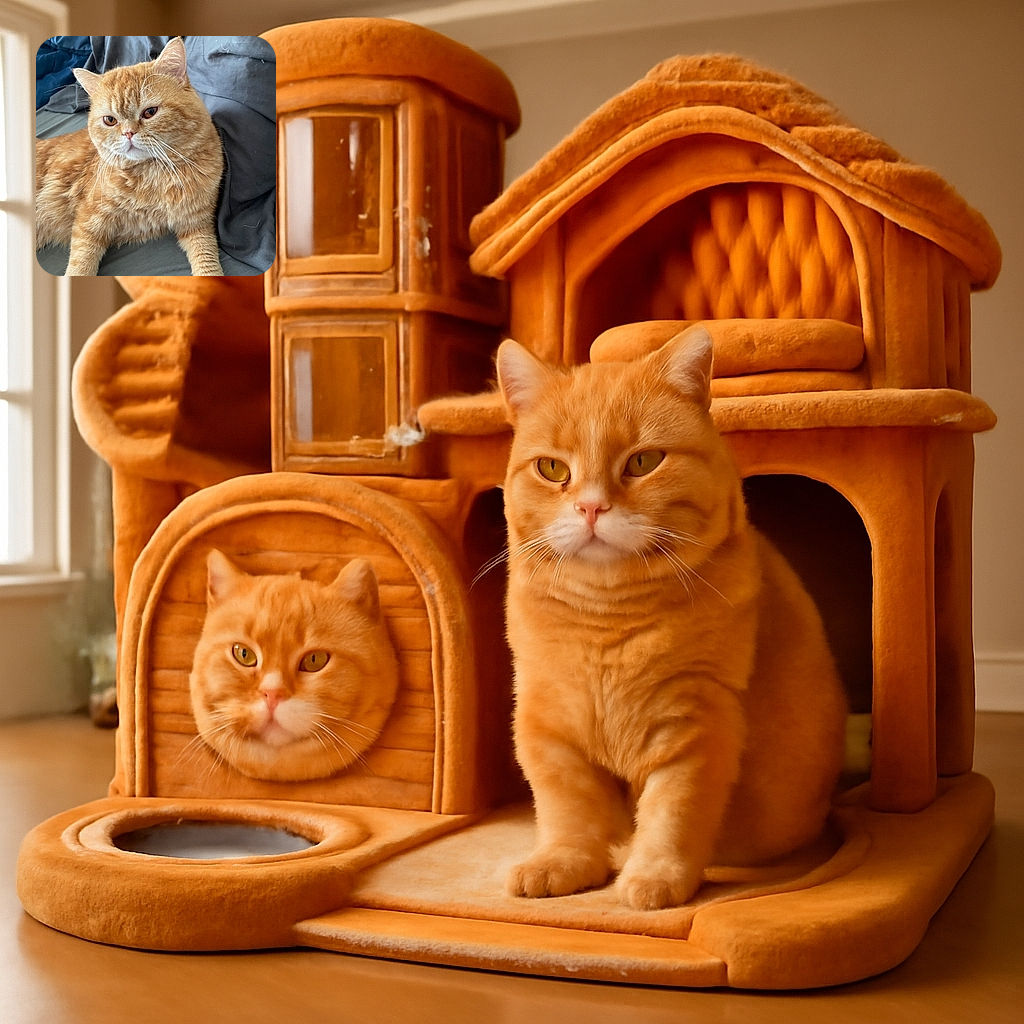 A fluffy orange tabby cat lounges comfortably on a bed with rumpled gray and blue sheets, looking off to the side with a slightly grumpy but adorable expression, as if contemplating the mysteries of the universe or just demanding snacks.