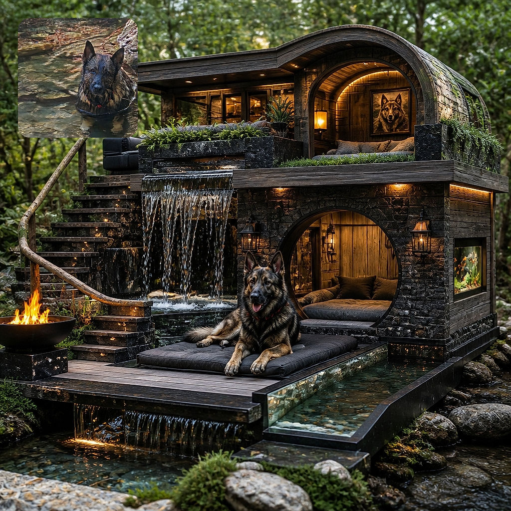 A wonderfully soggy dog stands chest-deep in a crystal-clear woodland stream, staring at the camera like a brave wilderness explorer who has just discovered that bath time can happen outdoors. Sunlit ripples, smooth stones, and mossy banks complete the adventure scene.