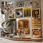 A curly-eared Cavalier King Charles Spaniel stands proudly beneath a table, giving the camera a dramatic tongue-out lick as if it just delivered the punchline to a very serious dog joke. White chairs, a bright window, patterned flooring, and a black seat frame the cozy indoor scene.