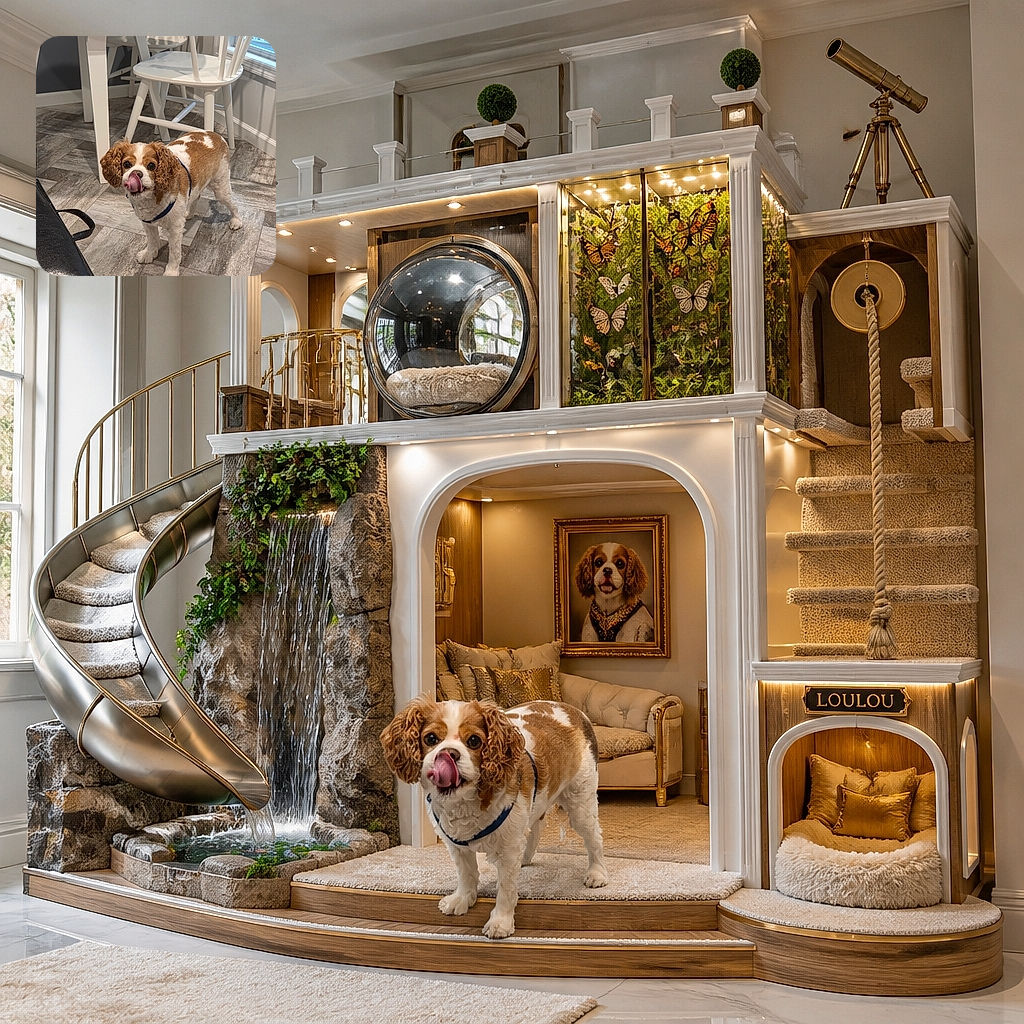 A curly-eared Cavalier King Charles Spaniel stands proudly beneath a table, giving the camera a dramatic tongue-out lick as if it just delivered the punchline to a very serious dog joke. White chairs, a bright window, patterned flooring, and a black seat frame the cozy indoor scene.