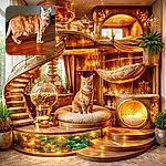 A chonky ginger tabby stands like the self-appointed ruler of the hardwood, ears perked and green eyes scanning the room as if plotting snack time. The neutral wall and shiny floor make a simple stage for this majestic floof to strut across.