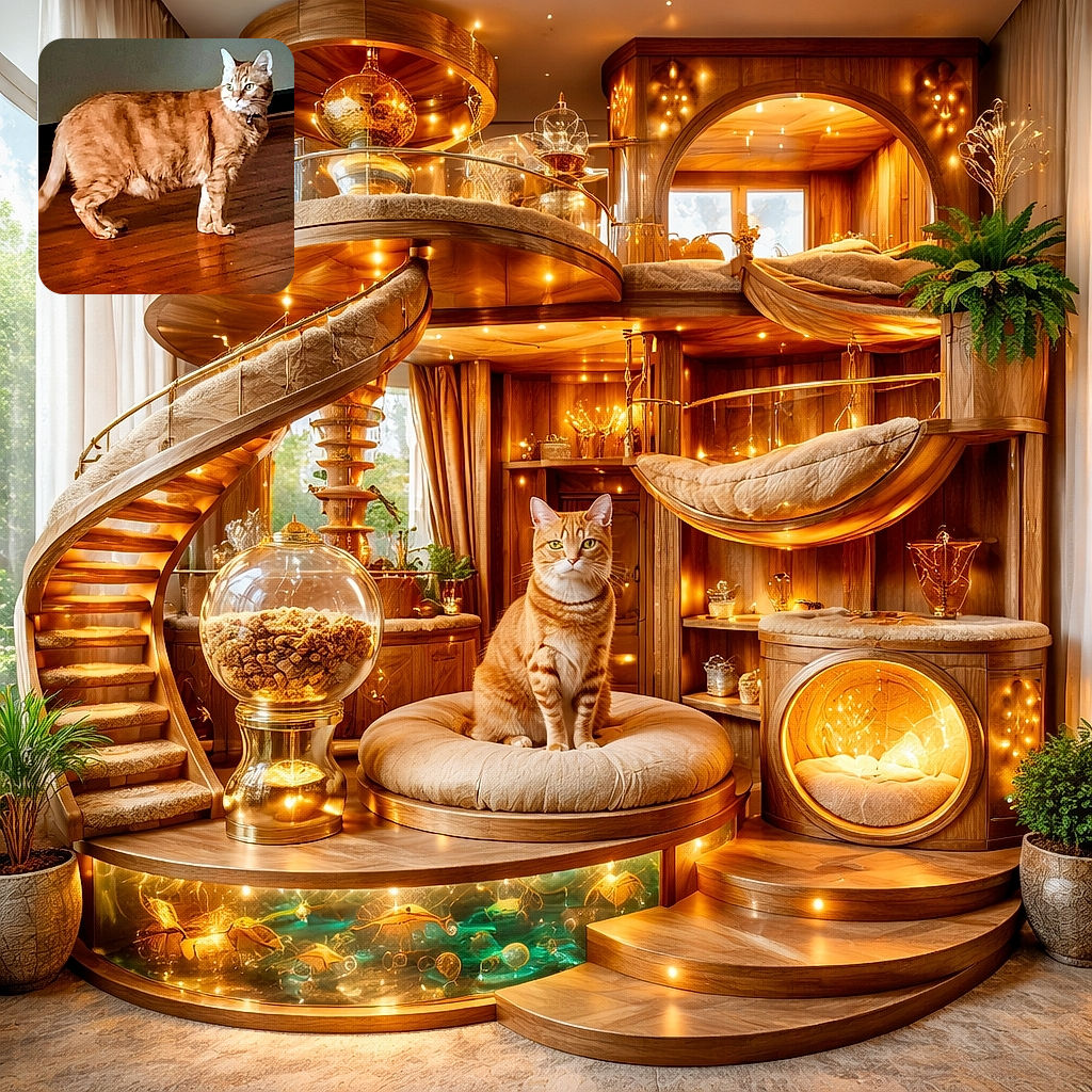 A chonky ginger tabby stands like the self-appointed ruler of the hardwood, ears perked and green eyes scanning the room as if plotting snack time. The neutral wall and shiny floor make a simple stage for this majestic floof to strut across.
