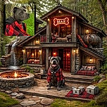 A dignified gray dog wearing a red and black checkered jacket sits outdoors by some greenery and trees, gazing thoughtfully into the distance as if pondering the meaning of life.