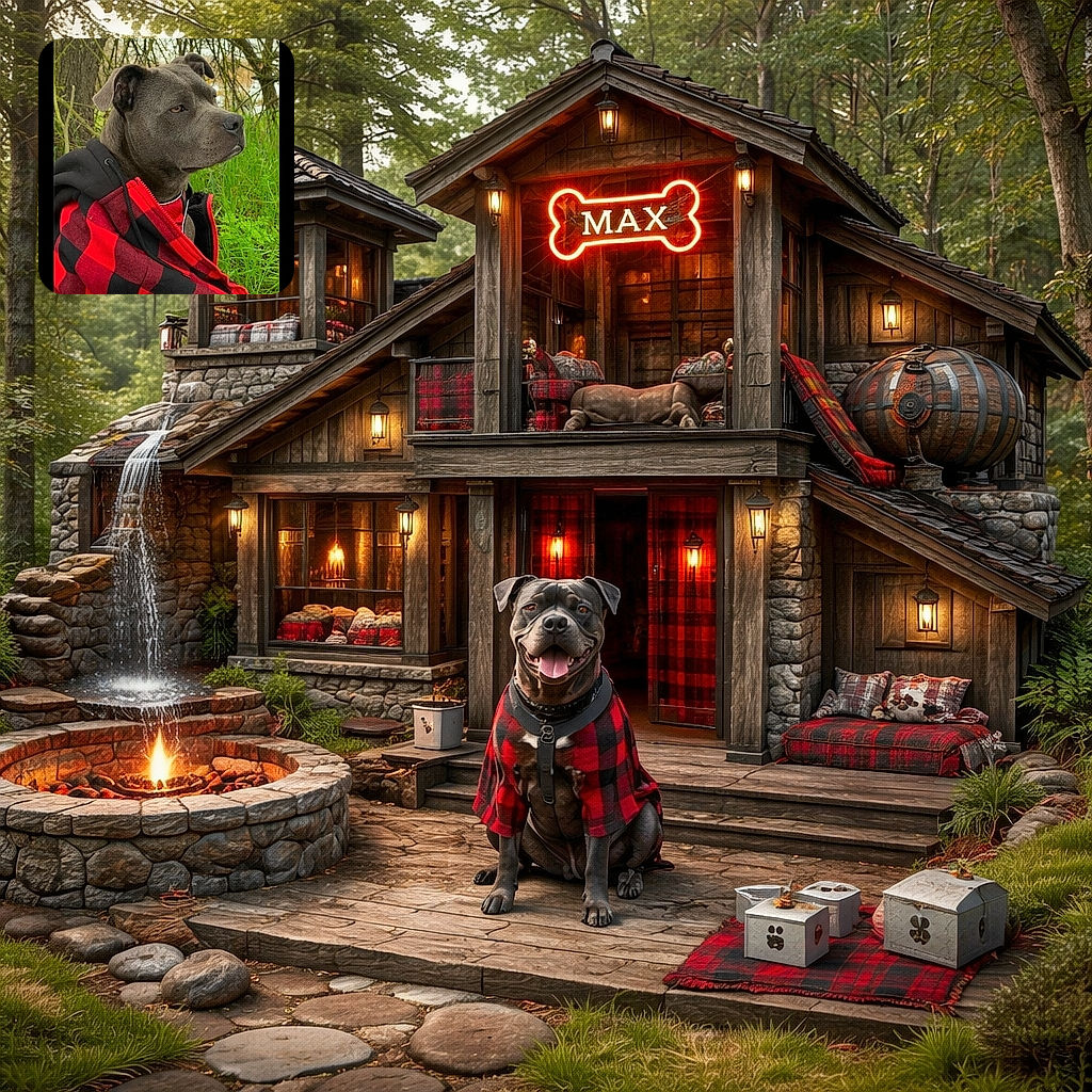 A dignified gray dog wearing a red and black checkered jacket sits outdoors by some greenery and trees, gazing thoughtfully into the distance as if pondering the meaning of life.