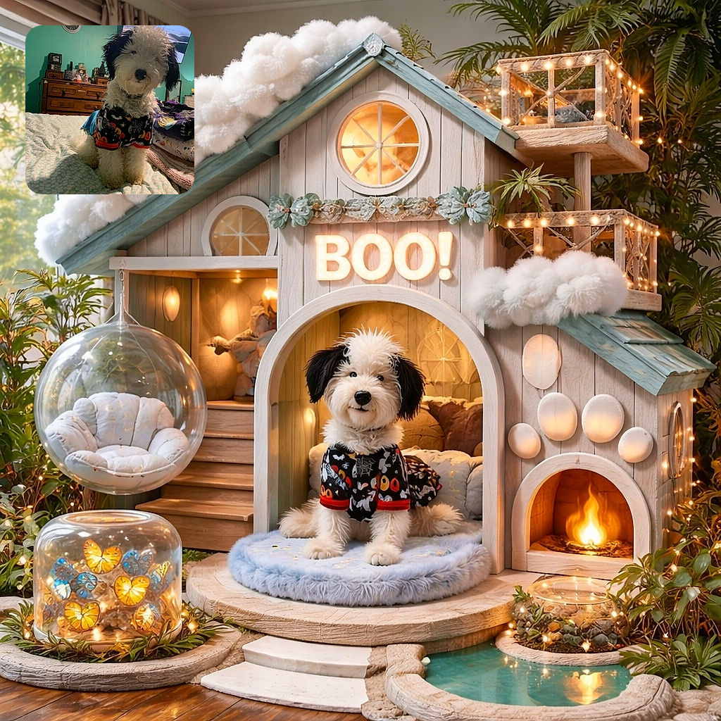 A shaggy, slightly mischievous pup wearing a Halloween-themed shirt sits proudly on a bed like it owns the place — fluffy ears, cookie-smudged snout, and a TV and antique dresser providing sitcom-level set dressing against a teal wall. The whole scene reads cozy chaos: sleepy bedroom, patterned duvet, and one dog ready for trick-or-treat stardom.