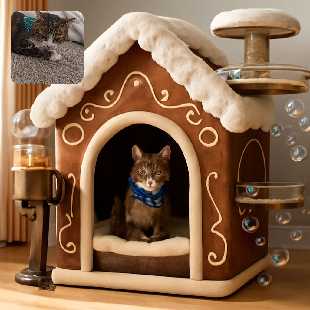 A cozy tabby cat with a festive blue bandana featuring snowflakes lounges on a textured fabric surface, surrounded by soft, rumpled blankets, looking contemplative and ready for a catnap.