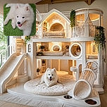 A fluffy white puppy lounges on bright green grass, flashing a happy tongue-out grin while one heroic paw stretches toward the camera—as if it is reaching for fame, snacks, or both. A chair casually photobombs the scene in the background.