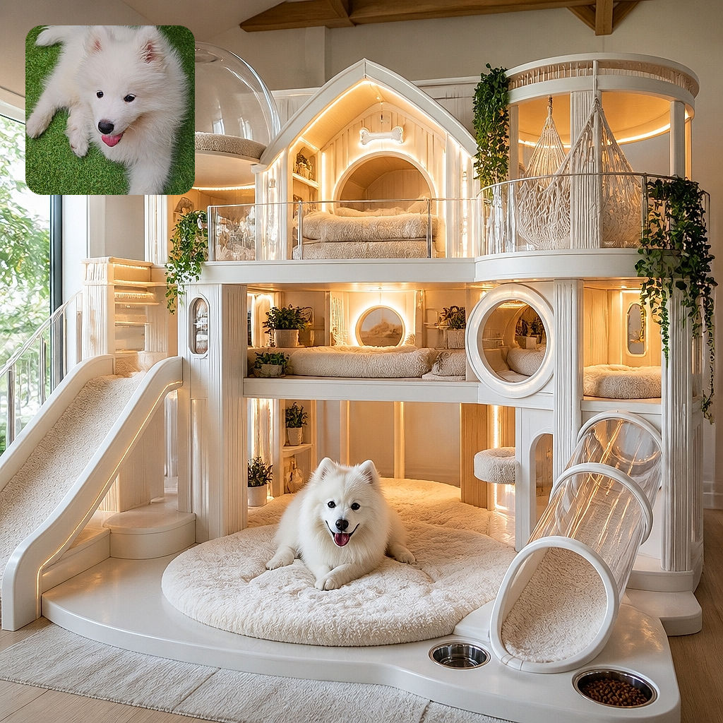 A fluffy white puppy lounges on bright green grass, flashing a happy tongue-out grin while one heroic paw stretches toward the camera—as if it is reaching for fame, snacks, or both. A chair casually photobombs the scene in the background.
