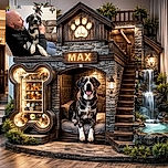 A cozy indoor scene where a bald man with a beard lovingly holds a black and white dog with striking eyes, both seated on a couch. The background features rustic decor including mounted animal skulls and a wooden plaque, adding character to the warm and intimate moment.