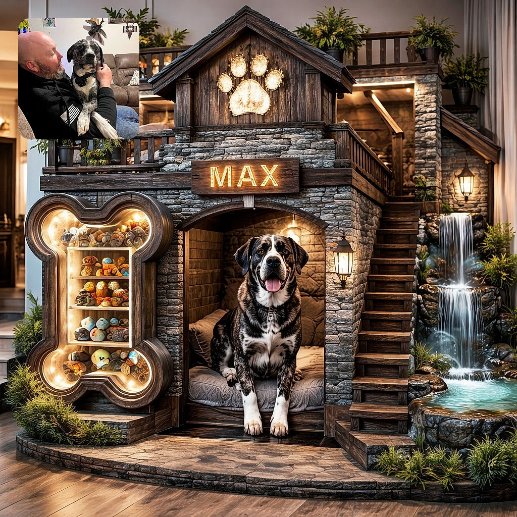 A cozy indoor scene where a bald man with a beard lovingly holds a black and white dog with striking eyes, both seated on a couch. The background features rustic decor including mounted animal skulls and a wooden plaque, adding character to the warm and intimate moment.