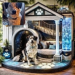 A charming dog with a unique face pattern and heterochromatic eyes poses indoors near a window with lace curtains, sitting on an ornate tiled floor that adds a vintage vibe to the cozy scene.