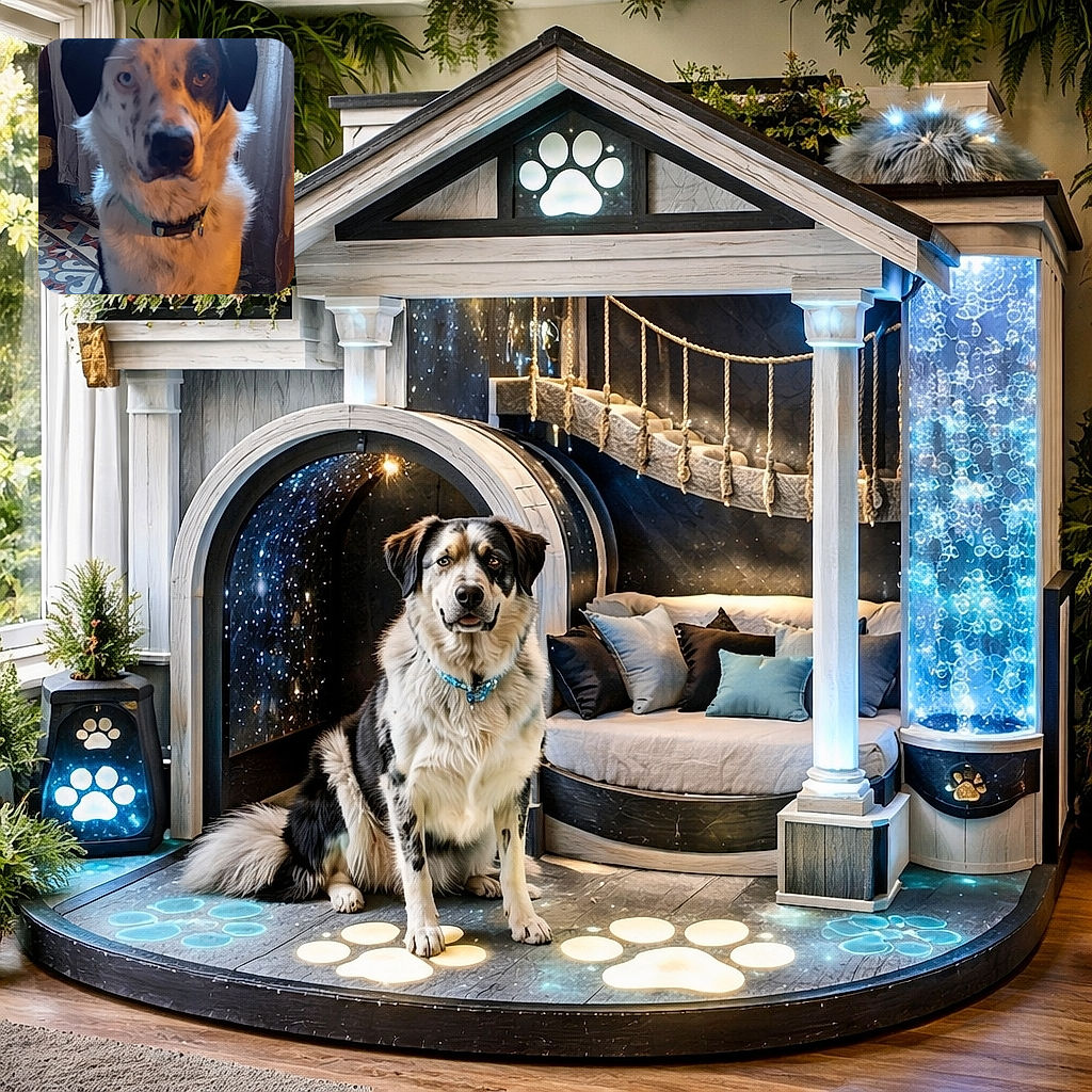 A charming dog with a unique face pattern and heterochromatic eyes poses indoors near a window with lace curtains, sitting on an ornate tiled floor that adds a vintage vibe to the cozy scene.