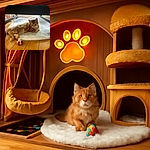 A fluffy orange tabby cat lounges comfortably on a soft white mat under a piece of furniture, looking relaxed and slightly curious. A colorful felt ball toy lies nearby on the wooden floor, adding a playful touch to the cozy scene.