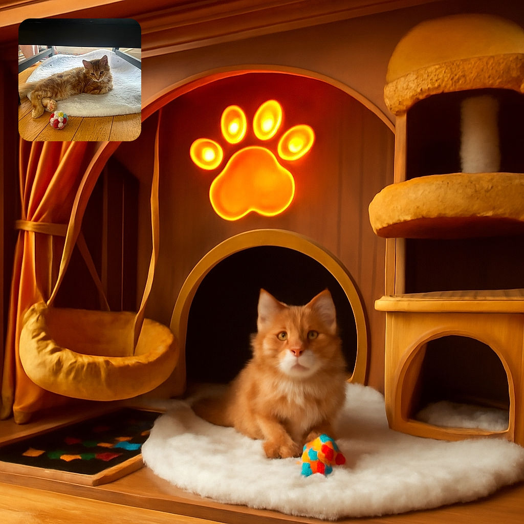 A fluffy orange tabby cat lounges comfortably on a soft white mat under a piece of furniture, looking relaxed and slightly curious. A colorful felt ball toy lies nearby on the wooden floor, adding a playful touch to the cozy scene.