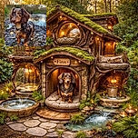 A dapper long-haired dachshund poses on a carpet of muddy autumn leaves by a peaceful river, giving a very serious 'I supervise this walk' stare — floppy ears, shiny collar tag, and muddy paws all ready for mischief.