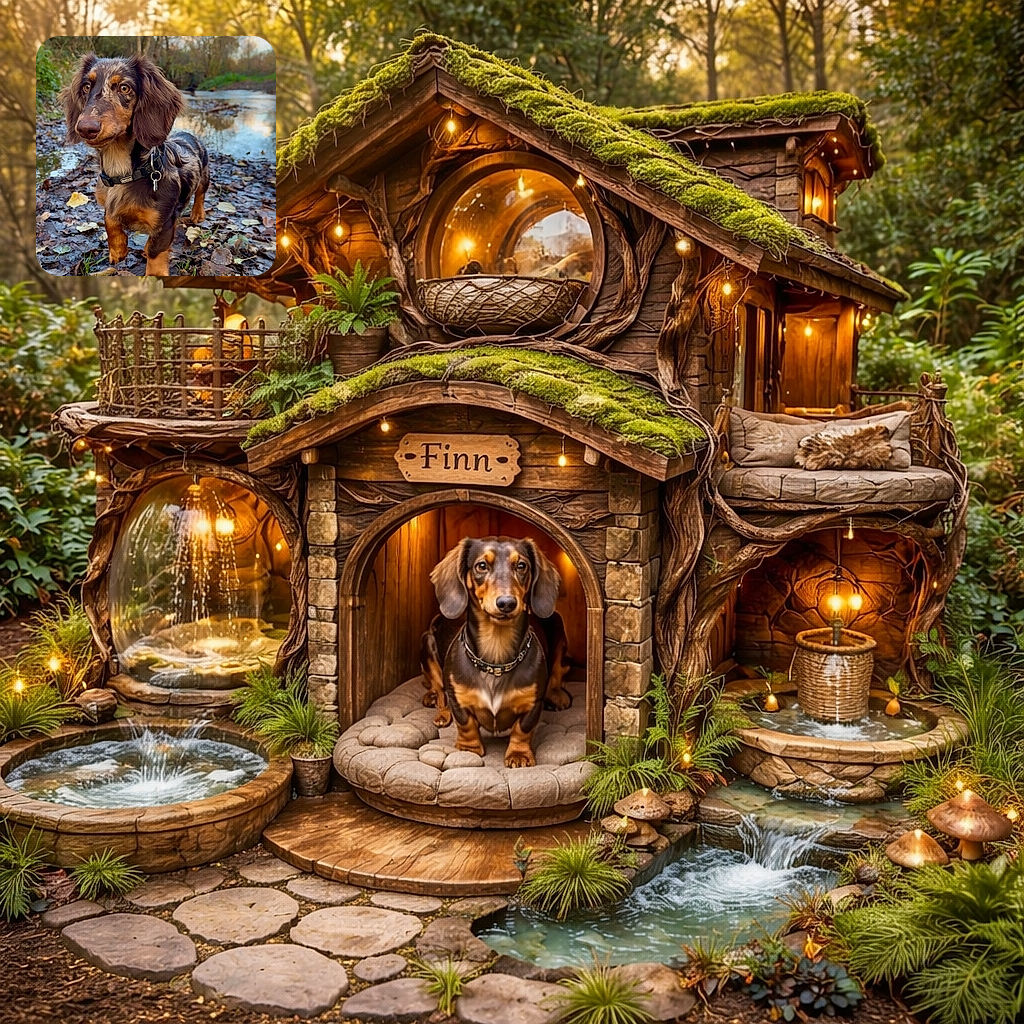 A dapper long-haired dachshund poses on a carpet of muddy autumn leaves by a peaceful river, giving a very serious 'I supervise this walk' stare — floppy ears, shiny collar tag, and muddy paws all ready for mischief.