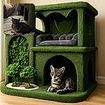 A cozy little kitten is curled up on a bed surrounded by pillows and a green cat house, looking sleepy and content in the dim light.