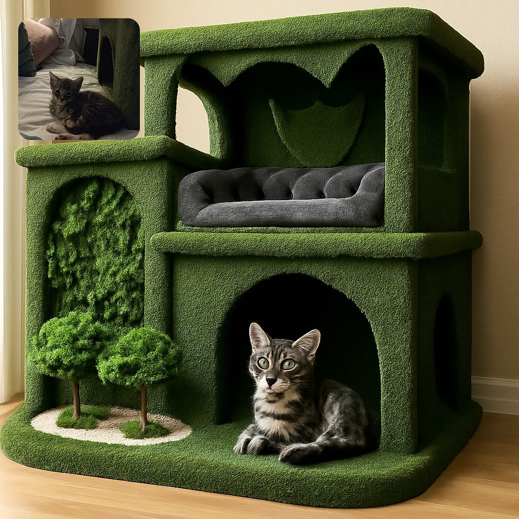 A cozy little kitten is curled up on a bed surrounded by pillows and a green cat house, looking sleepy and content in the dim light.