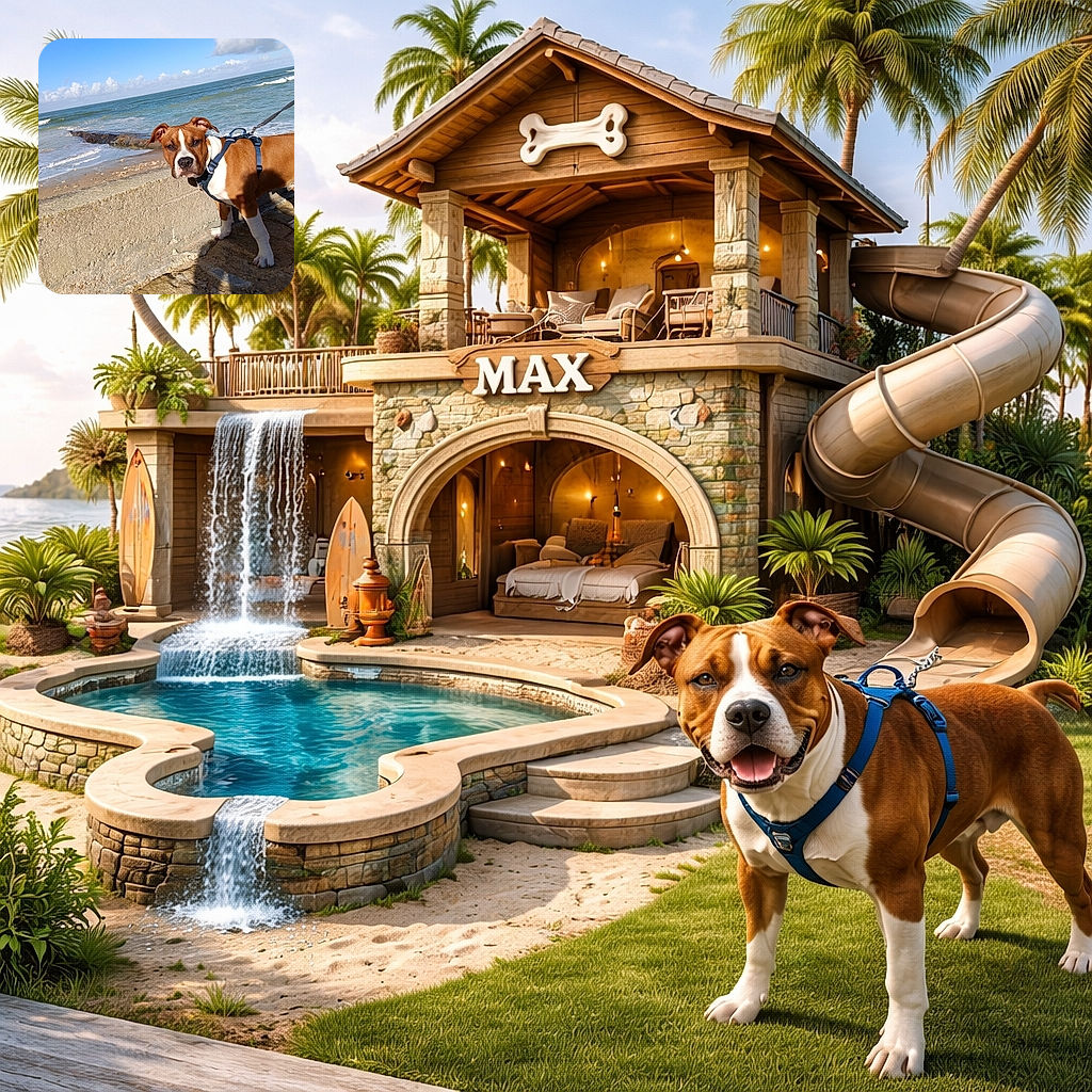 A skeptical brown-and-white dog in a blue harness gives the camera a side-eye while perched on a seaside wall — waves, sand and a wide blue sky provide a dramatic coastal backdrop. The pup looks like it's judging your beach day plans and secretly plotting to chase every seagull in sight.
