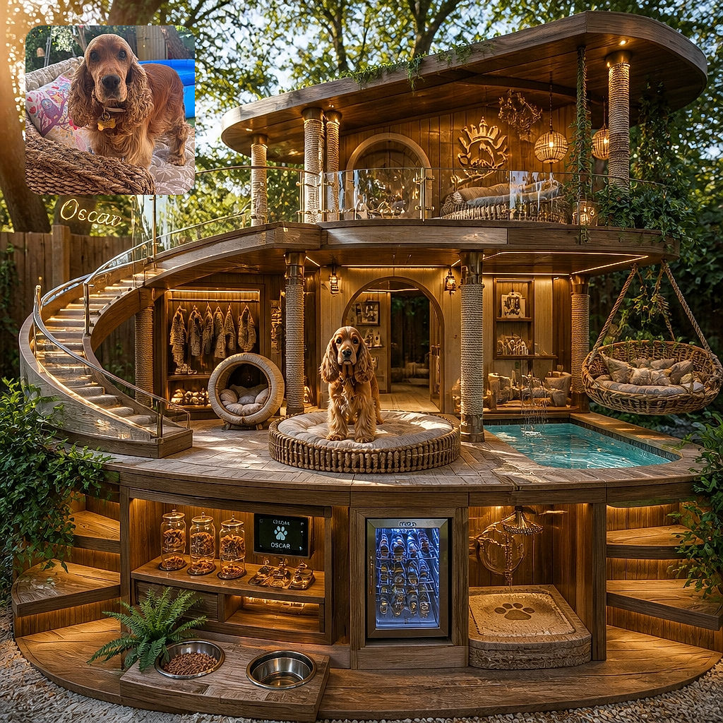 A wonderfully fluffy cocker spaniel sits like a copper-haired garden monarch, staring into the camera with serious eyes while its luxurious ears steal the spotlight. It is perched on a patterned outdoor sofa beside a bright blue pool, surrounded by leafy trees, hanging decorations, and a giant woven basket that looks ready to audition as the dog’s throne.
