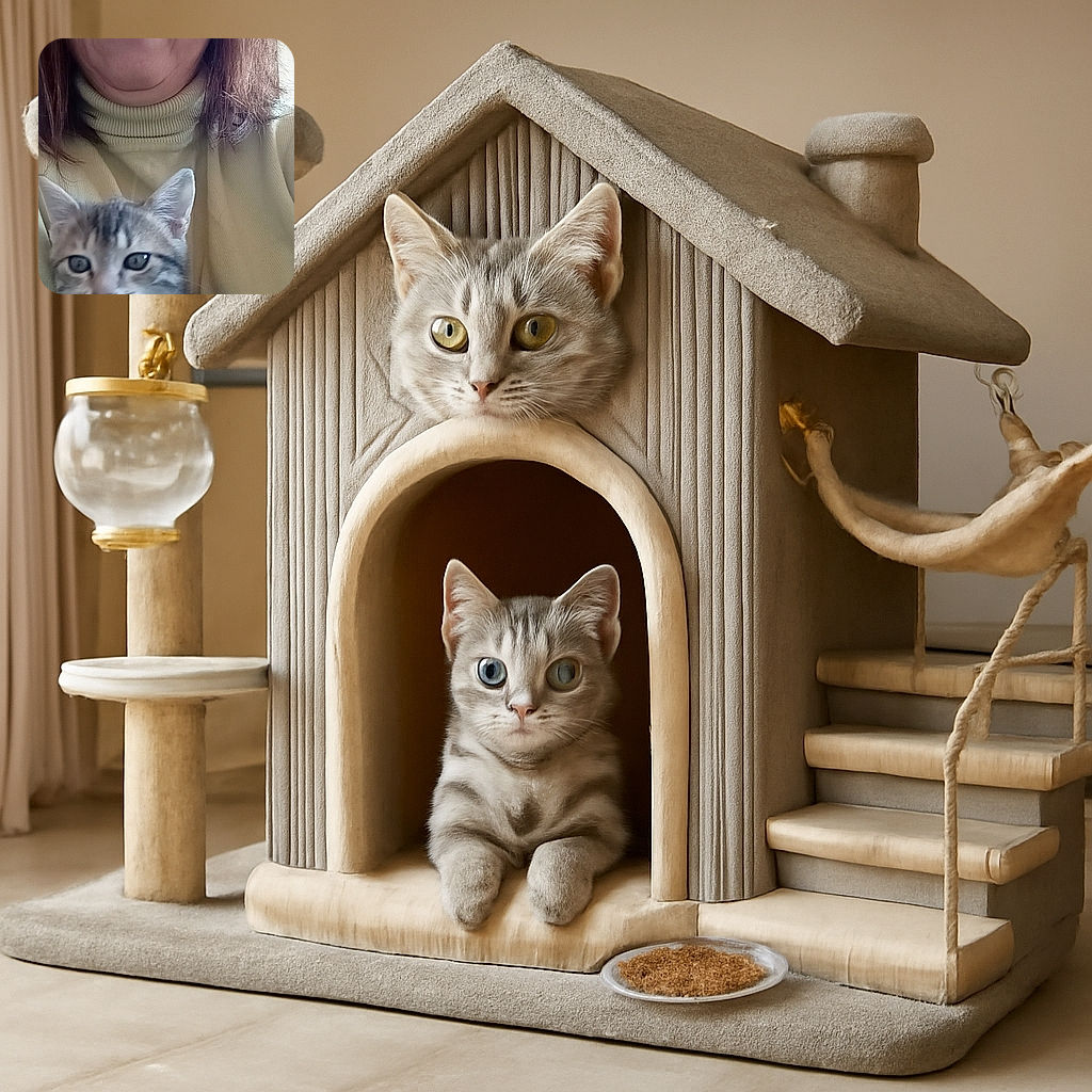 A cozy selfie featuring a smiling person in a yellow turtleneck holding an adorable gray tabby kitten, both looking comfortably at the camera, with soft indoor lighting and a neutral background.
