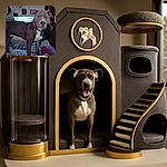 A large brown and white dog stands on a bed covered with blankets, staring directly at the camera with a calm expression. The background shows a cluttered room with a TV screen emitting bright light, various posters on the wall, and a wooden door to the right.