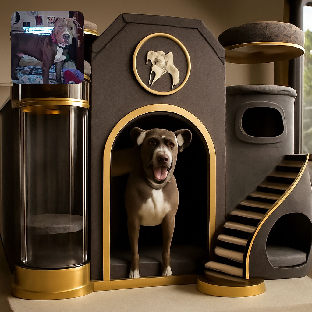 A large brown and white dog stands on a bed covered with blankets, staring directly at the camera with a calm expression. The background shows a cluttered room with a TV screen emitting bright light, various posters on the wall, and a wooden door to the right.