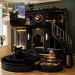 A black cat sits proudly on a bed, staring into the camera with enormous golden eyes and the tiniest blep, as if it just remembered an important appointment at the tuna buffet. A colorful, cozy bedroom with pillows, artwork, and a purple patterned cushion fills the background.