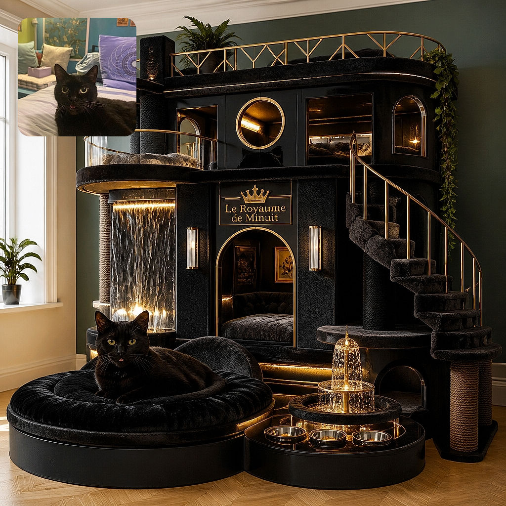 A black cat sits proudly on a bed, staring into the camera with enormous golden eyes and the tiniest blep, as if it just remembered an important appointment at the tuna buffet. A colorful, cozy bedroom with pillows, artwork, and a purple patterned cushion fills the background.