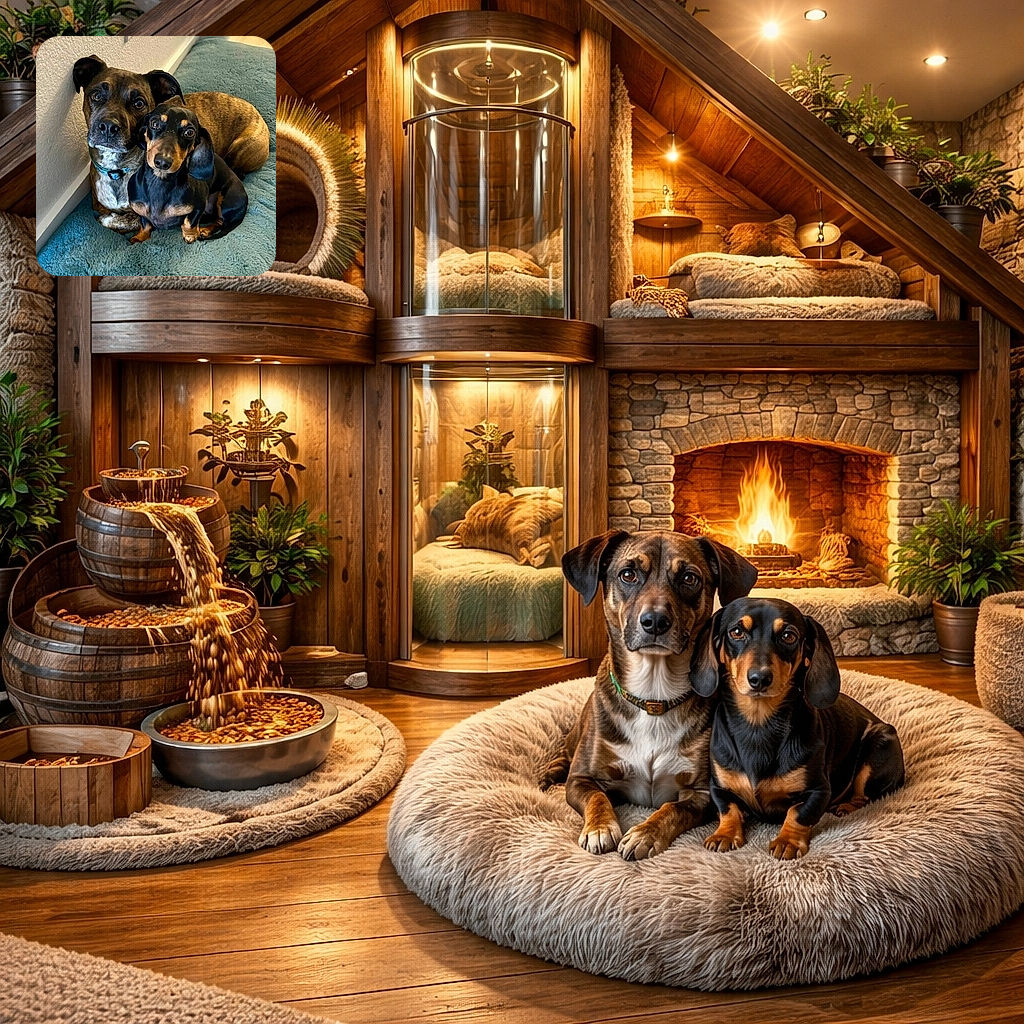 Two adorable dogs, one larger brindle and one smaller black and tan dachshund, are cozily snuggled together on a soft blue rug near a wall, both looking up with big, soulful eyes that melt hearts instantly.